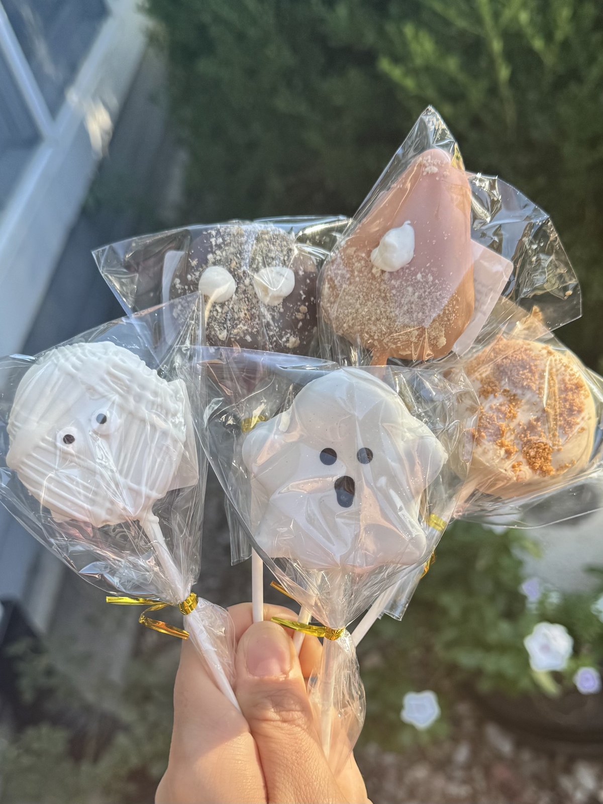 Hand holding a bouquet of Sweet Natalia Halloween cake pops — ghosts, mummies, and chocolate classics